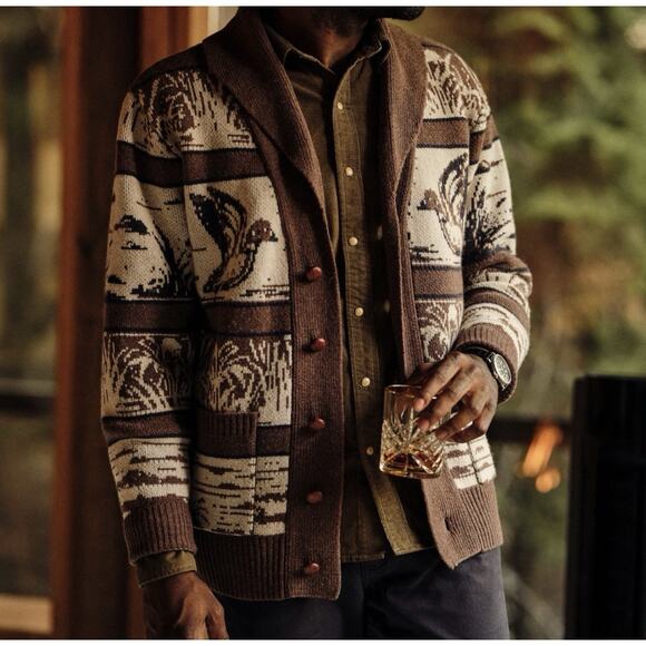 Flint and Tinder Duck Paradise Cardigan Size XXL Brown Jacquard Wool-Blend Shawl - Picture 2 of 14